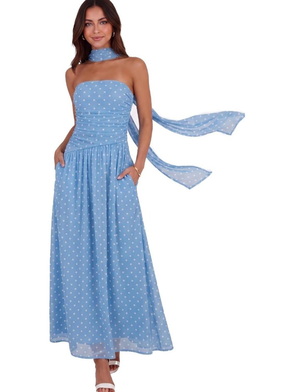 Women's Blue-Polka-Dot Strapless Ruched Elastic Waist Flowy Aline Fit Maxi Dress